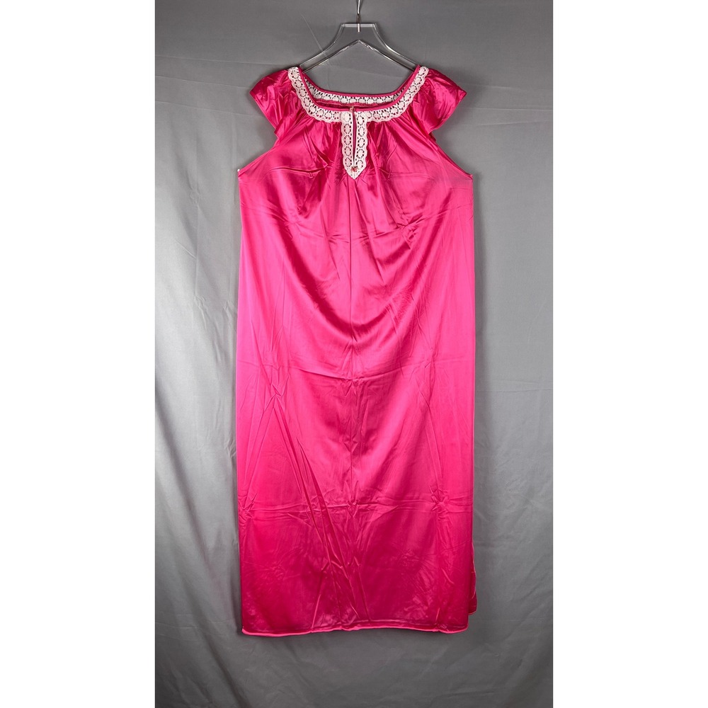Vintage Long Nightgown Women L Hot Pink White Lace Trim Flutter Sleeve Sleepwear